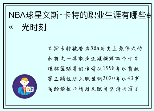 NBA球星文斯·卡特的职业生涯有哪些高光时刻